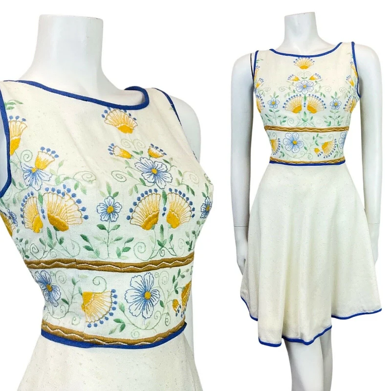 Grand Opening Sale VINTAGE 60s 70s CREAM BLUE YELLOW FLORAL EMBROIDERED SLEEVELESS DRESS 10