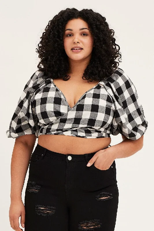 Check Short Puff Sleeve Black Gingham Wrap Bolero