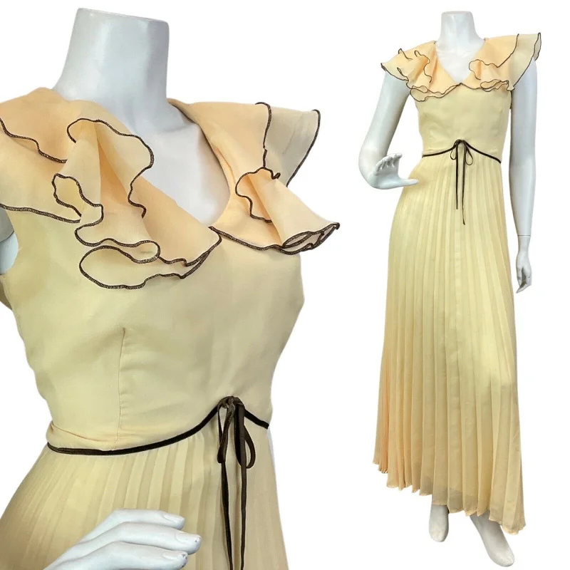 Deal Mania VINTAGE 60s 70s CREAM YELLOW BROWN RUFFLED PLEATED MAXI DRESS 10