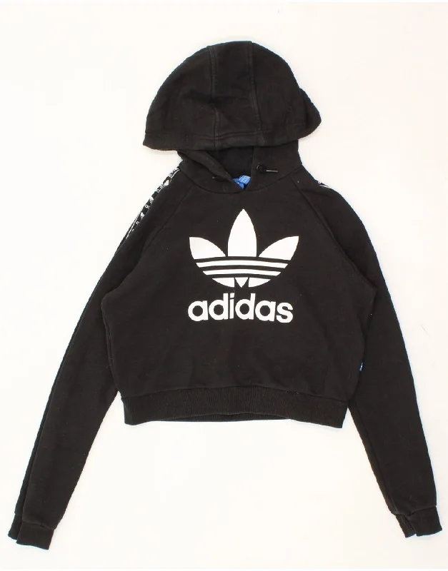 ADIDAS Womens Oversized Graphic Crop Hoodie Jumper UK 10 Small Black