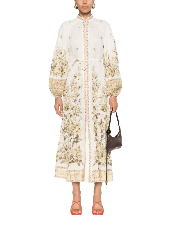 Members Only Golden Buttoned Midi Dress In Sage Toile Floral