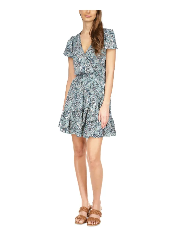 Markdown Madness MICHAEL MICHAEL KORS Womens Teal Smocked Unlined Asymmetrical Ruffle Paisley Flutter Sleeve Surplice Neckline Mini Faux Wrap Dress Markdown Madness MICHAEL MICHAEL KORS Womens Teal Smocked Unlined Asymmetrical Ruffle Paisley Flutter Sleeve Surplice Neckline Mini Faux Wrap Dress