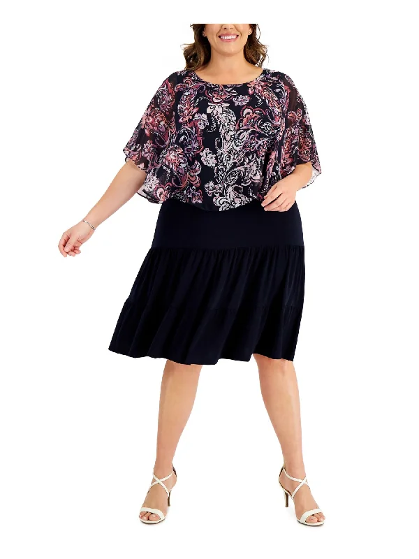 One-DAY Sale CONNECTED APPAREL Womens Navy Unlined Ruffled Pullover Tiered Elbow Sleeve Boat Neck Knee Length Fit + Flare Dress One-DAY Sale CONNECTED APPAREL Womens Navy Unlined Ruffled Pullover Tiered Elbow Sleeve Boat Neck Knee Length Fit + Flare Dress