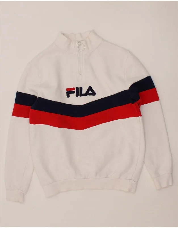 FILA Womens Oversized Graphic Zip Neck Sweatshirt Jumper UK 2 2XS White