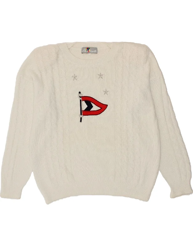 Factory Direct Sale VINTAGE Womens Graphic Boat Neck Jumper Sweater UK 16 Large White