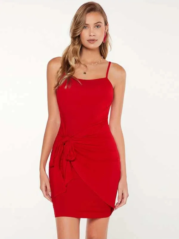 Extra Savings EMERALD SUNDAE Womens Red Stretch Tie Pleated Draped Front Tulip Hem Spaghetti Strap Scoop Neck Mini Party Body Con Dress Extra Savings EMERALD SUNDAE Womens Red Stretch Tie Pleated Draped Front Tulip Hem Spaghetti Strap Scoop Neck Mini Party Body Con Dress