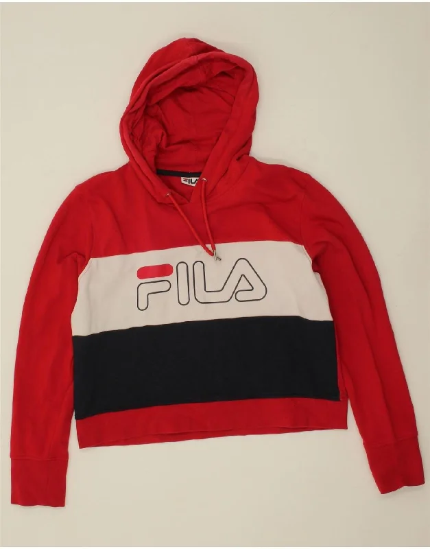 Crazy Deals FILA Womens Crop Graphic Hoodie Jumper UK 18 XL Red Colourblock