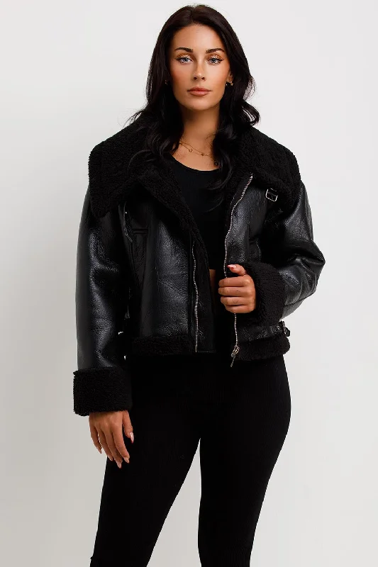 Deal Alert Black Faux Leather Aviator Jacket With Belt