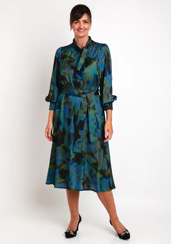 Camelot Scarf Neck Watercolour Inspired Satin Midi Dress, Green