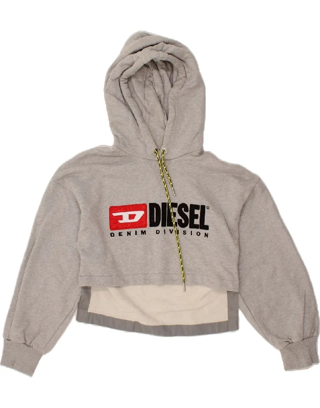 DIESEL Womens Crop Graphic Hoodie Jumper UK 12 Medium Grey Cotton