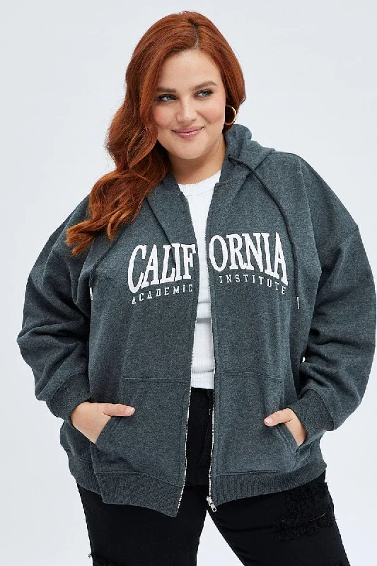 Grey Hoodie Jacket Zip Fleece California Embroidered