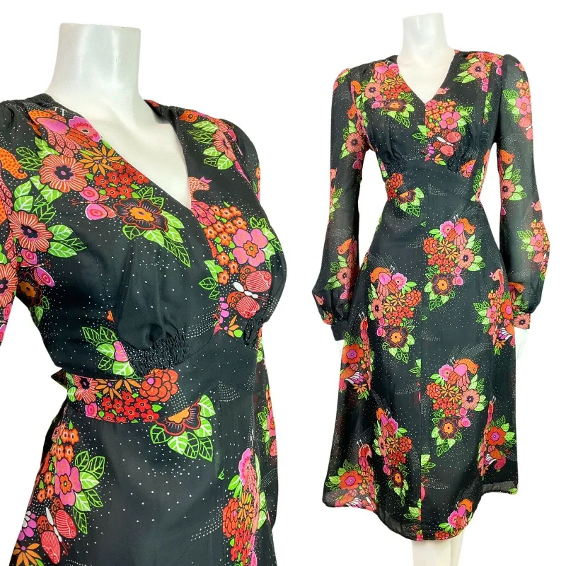 Today Only VTG 60s 70s BLACK PINK GREEN FLORAL BIRD BUTTERFLY SHEER SWING DRESS 12