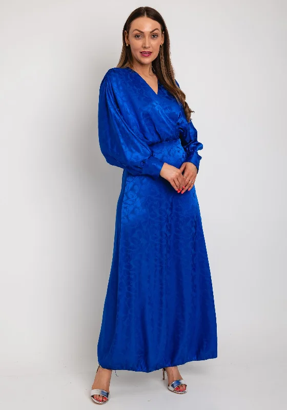 Deal Dash The Sofia Collection Leaf Print Satin Batwing Maxi Dress, Royal Blue