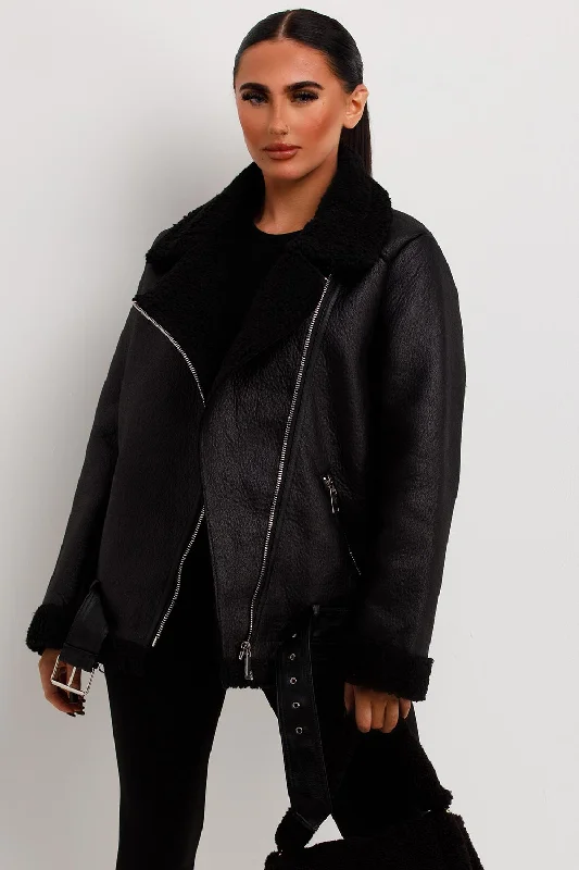 Steals and Deals Aviator Jacket With Shearling Detail Black