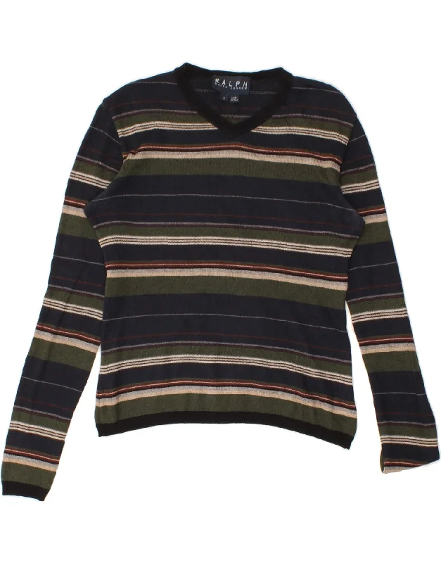 Hurry In RALPH LAUREN Womens V-Neck Jumper Sweater UK 10 Small Navy Blue Striped