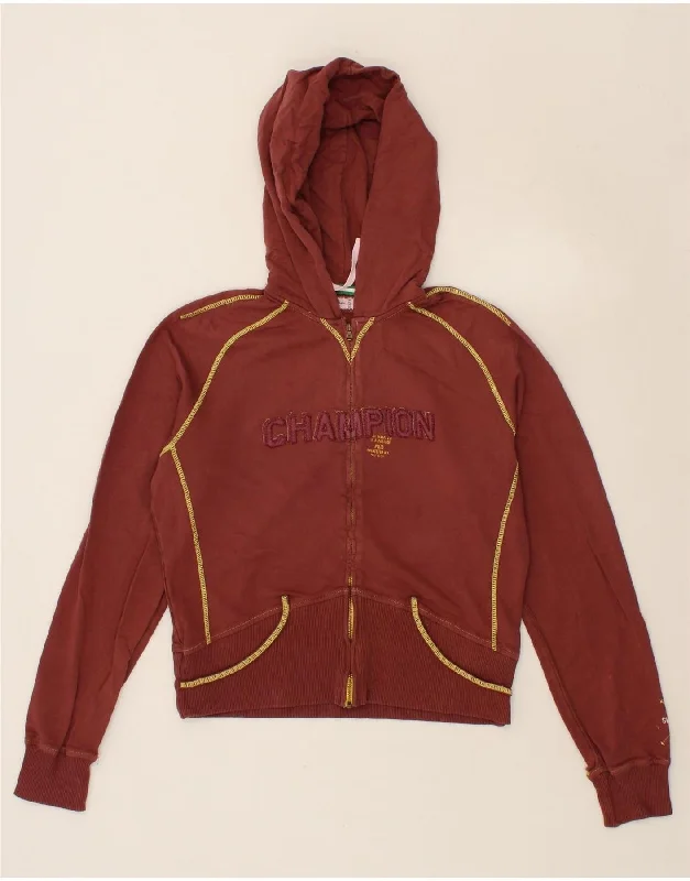 Crazy Deals CHAMPION Womens Graphic Zip Hoodie Sweater UK 16 Large Maroon Cotton
