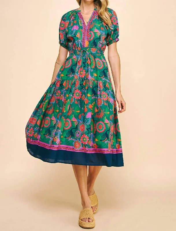 Savings Galore Floral Printed Midi Dress In Green Multi