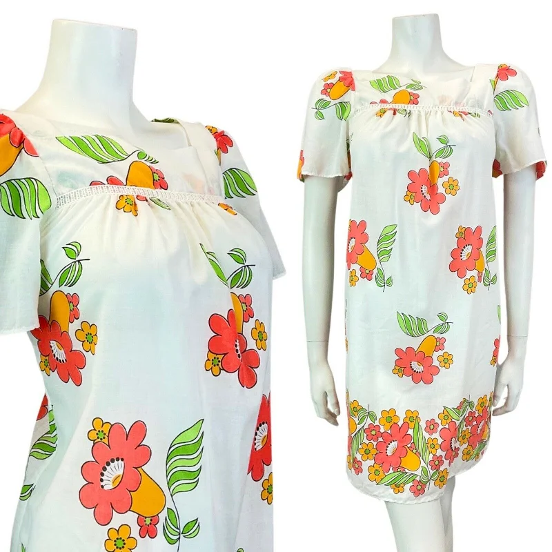 Factory Direct Sale VINTAGE 60s 70s WHITE RED YELLOW FLORAL SUMMER MOD TENT YOKE DRESS 10