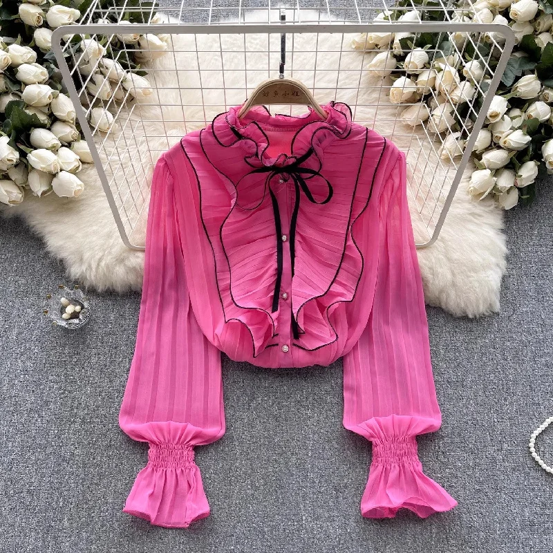 Factory Direct Sale Chiffon shirt new women's long-sleeved tops pleated bell-sleeved shirt for women   S4635