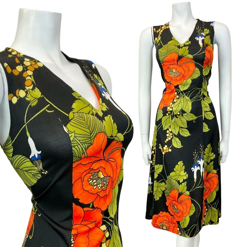 Crazy Savings VINTAGE 60s 70s BLACK ORANGE GREEN FLORAL SLEEVELESS SUMMER DRESS 10 12 Crazy Savings VINTAGE 60s 70s BLACK ORANGE GREEN FLORAL SLEEVELESS SUMMER DRESS 10 12