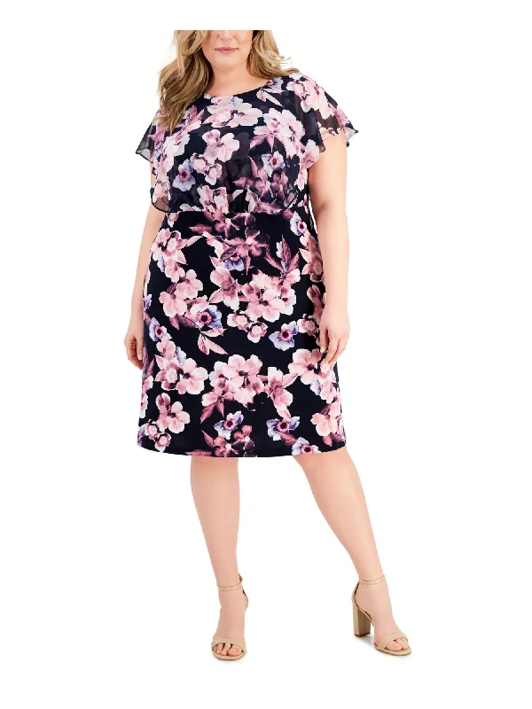 Instant Discount CONNECTED APPAREL Womens Navy Floral Sleeveless Round Neck Knee Length Wear To Work Shift Dress