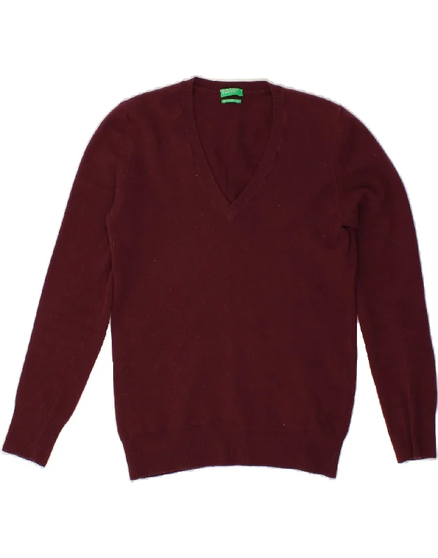 BENETTON Womens V-Neck Jumper Sweater UK 12 Medium Maroon Wool