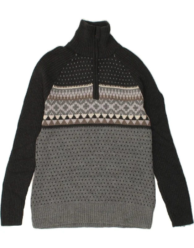 Members Only L.L.BEAN Womens Zip Neck Jumper Sweater UK 12 Medium Grey Fair Isle