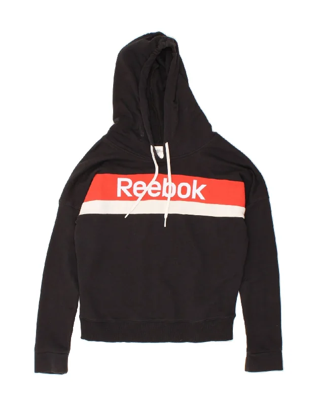 Mega Sale REEBOK Womens Oversized Graphic Hoodie Jumper UK 8/10 Small Black Cotton