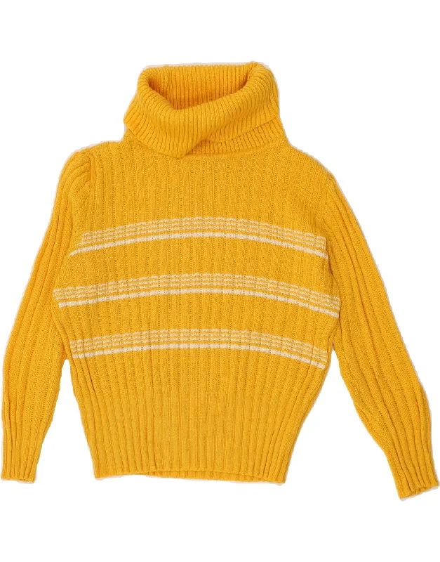 VINTAGE Womens Crop Roll Neck Jumper Sweater UK 14 Medium Yellow Striped