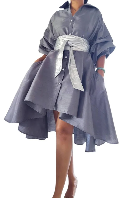 Faux Silk Swing Dress In Gray