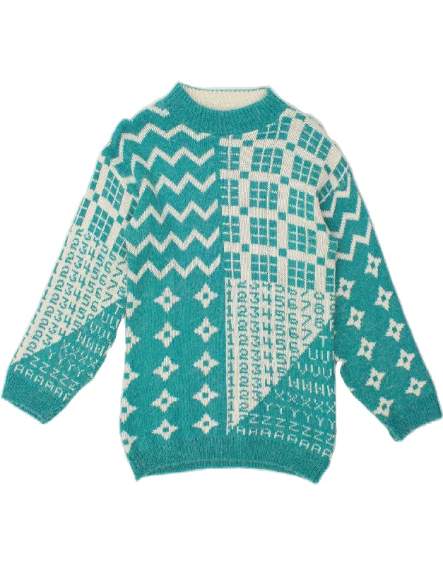 Massive Deals VINTAGE Womens Graphic Turtle Neck Jumper Sweater UK 12 Medium Turquoise