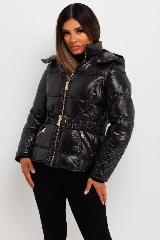 Final Markdown Black Shiny Puffer Jacket With Hood And Belt