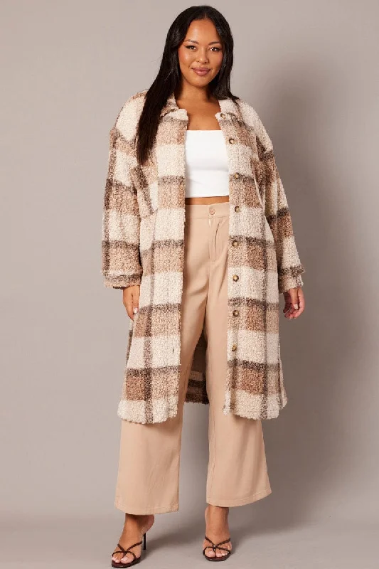 Brown Check Longline Boucle Teddy Coat