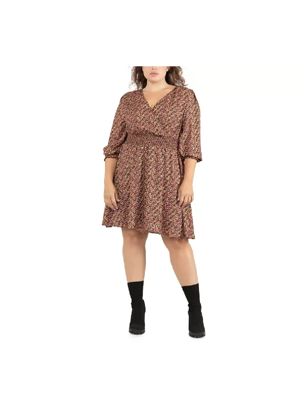 Blowout Sale BLACK TAPE Womens Black Gathered Smocked Waist And Cuffs Floral Long Sleeve Surplice Neckline Above The Knee Fit + Flare Dress Blowout Sale BLACK TAPE Womens Black Gathered Smocked Waist And Cuffs Floral Long Sleeve Surplice Neckline Above The Knee Fit + Flare Dress
