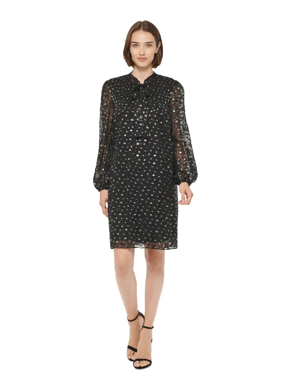 Savings Galore DKNY Womens Black Pleated Lined Sheer Tie Pullover Polka Dot Long Sleeve Split Above The Knee Shift Dress