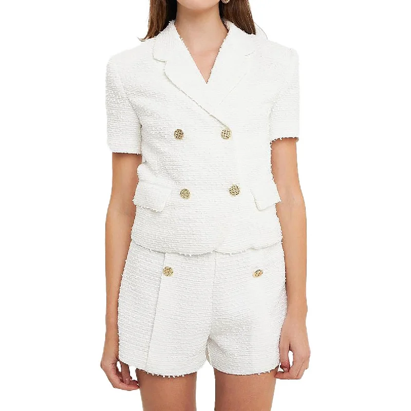 Womens Textured Short Sleeve Double-Breasted Blazer