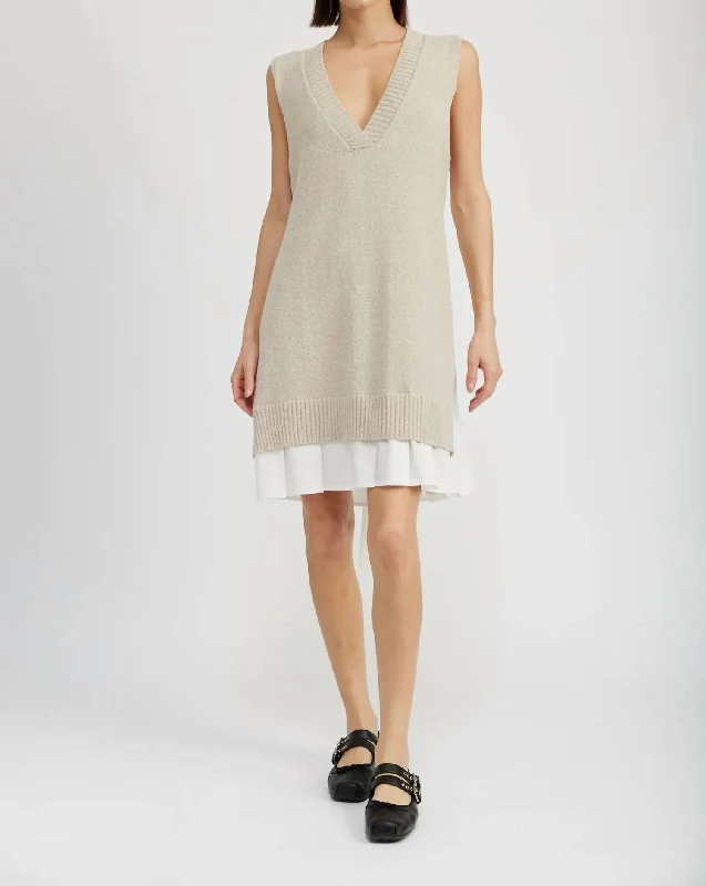 Mega Deal Whitney Mixed Media Midi Dress In Beige And White