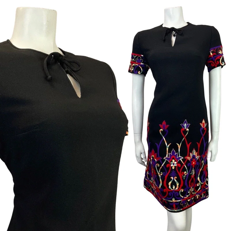 Steals and Deals VINTAGE 60s 70s BLACK RED PURPLE GOLD EMBROIDERED FLORAL SWIRL MOD DRESS 12 14