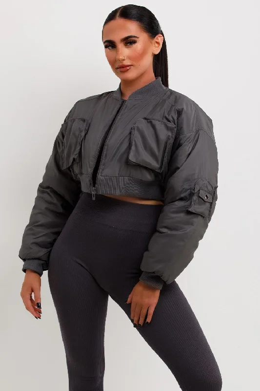 Savings Bonanza Crop Bomber Jacket With Pockets Grey