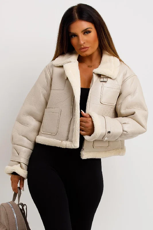 Final Clearance Crop Aviator Jacket Beige
