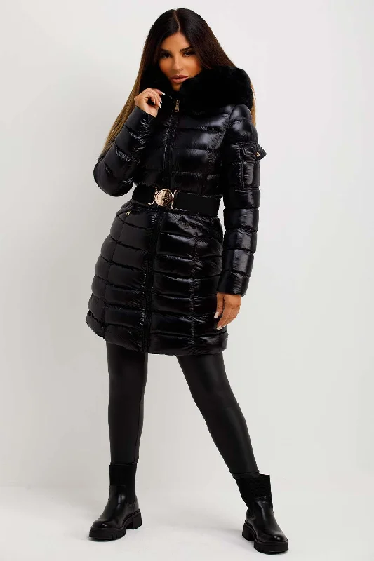 Crazy Deals Black Shiny Puffer Coat With Fur Hood