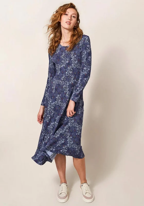 White Stuff Madeline Patterned Midi Jersey Dress, Blue Multi