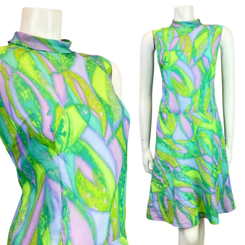 Hot Deal VINTAGE 60s 70s GREEN PURPLE BLUE PSYCHEDELIC SWIRL MOD SLEEVELESS DRESS 12 14