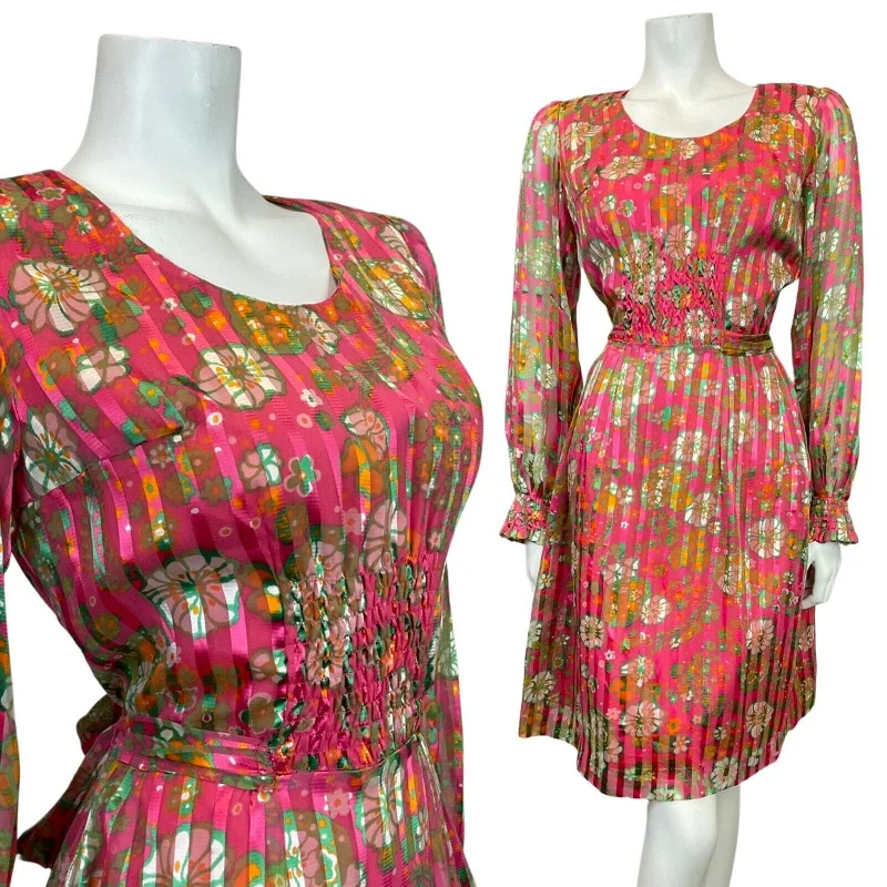 Final Clearance VINTAGE 60s 70s FUCHSIA PINK GREEN WHITE FLORAL STRIPED SHEER MOD DRESS 10 12