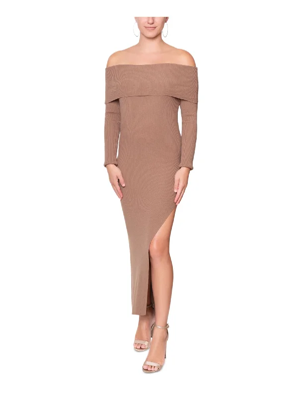 Crazy Deals RACHEL RACHEL ROY Womens Brown Ribbed Slitted Unlined Pullover Long Sleeve Off Shoulder Maxi Evening Sweater Dress