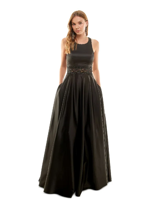 Exclusive Offers CITY STUDIO Womens Black Rhinestone Zippered Crisscross Back Tulle Lined Sleeveless Scoop Neck Full-Length Party Gown Dress