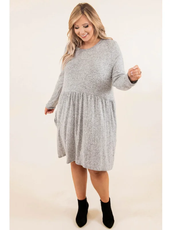 Deal Frenzy BEBOP Womens Gray Stretch Ribbed Pleated Pullover Long Sleeve Scoop Neck Short Baby Doll Dress