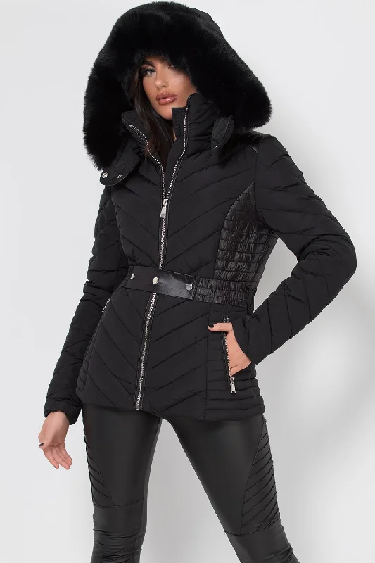 Instant Discount Black Puffer Quilted Jacket With Faux Fur Hood And Belt