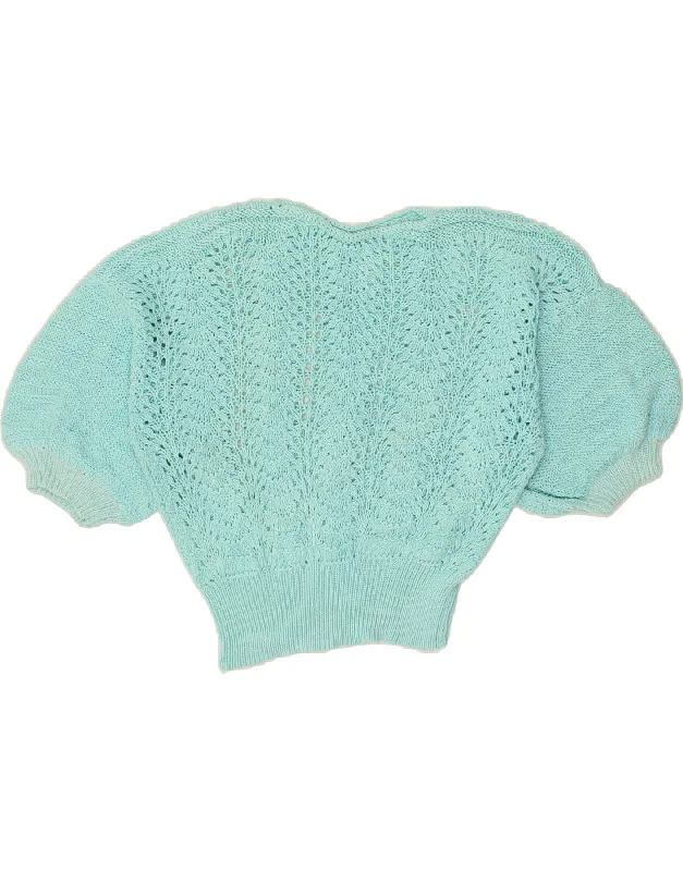 Clearance Items VINTAGE Womens Crop Short Sleeve Crew Neck Jumper Sweater UK 16 Large Blue