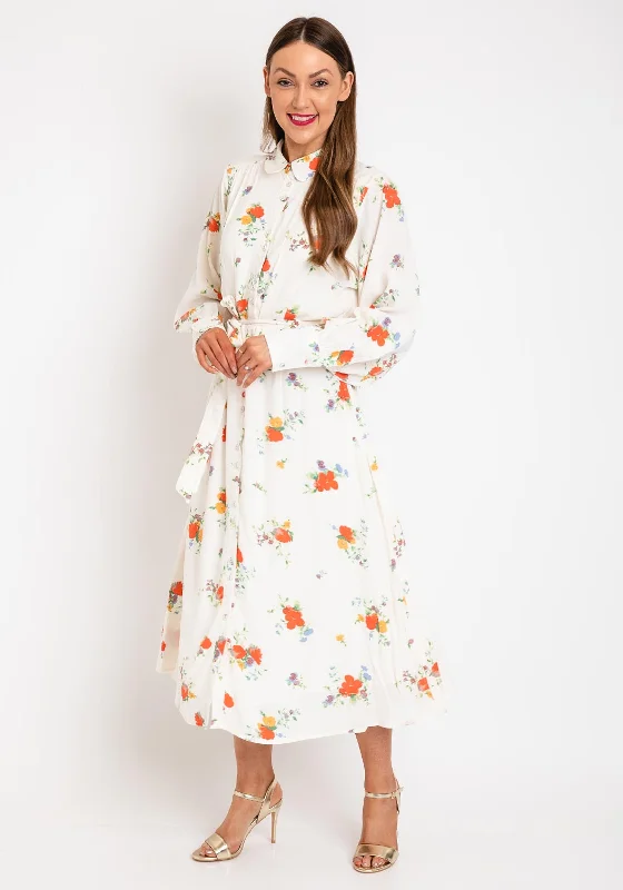 Deal Mania Selected Femme Walda Flora Midi Shirt Dress, Cream